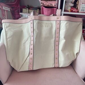 Victoria's Secret Cream and Pink Studded Canvas Tote